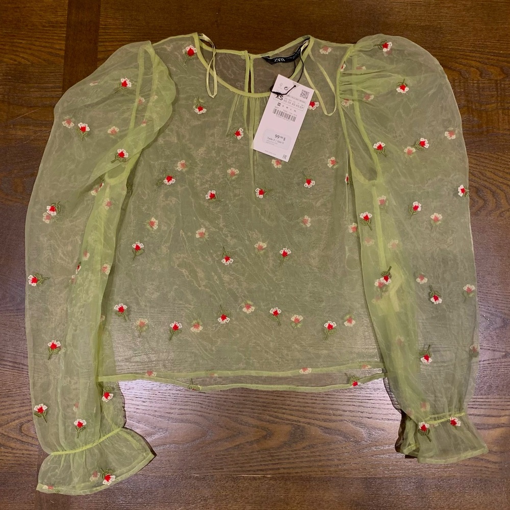 NWT Zara Puff Sleeve Floral Embroidered Organza Semi Sheer Blouse